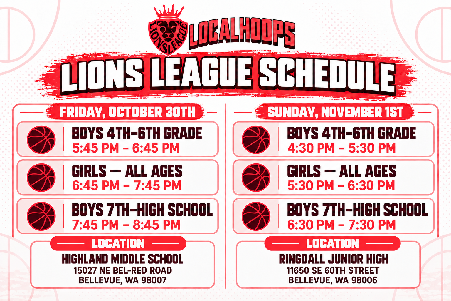 Lions League Schedule 10/30-11/1