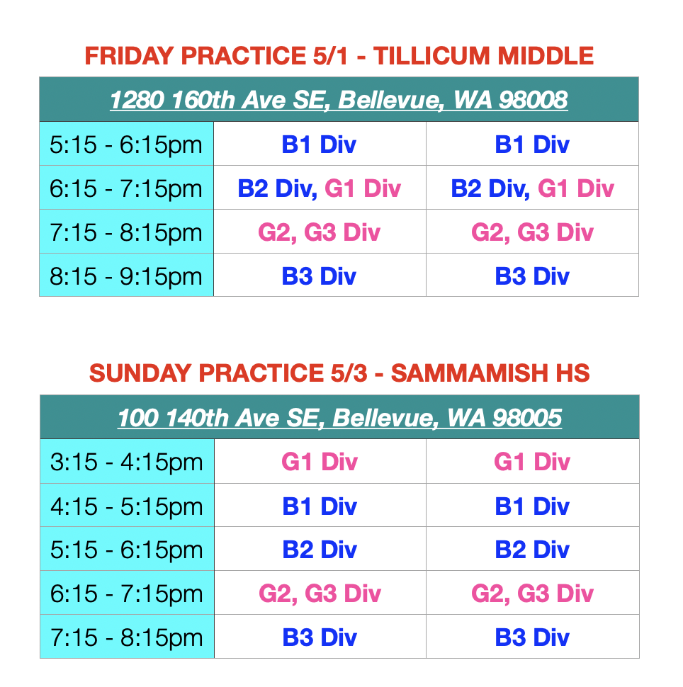 Lions League Practice Schedule 5/1 - 5/3