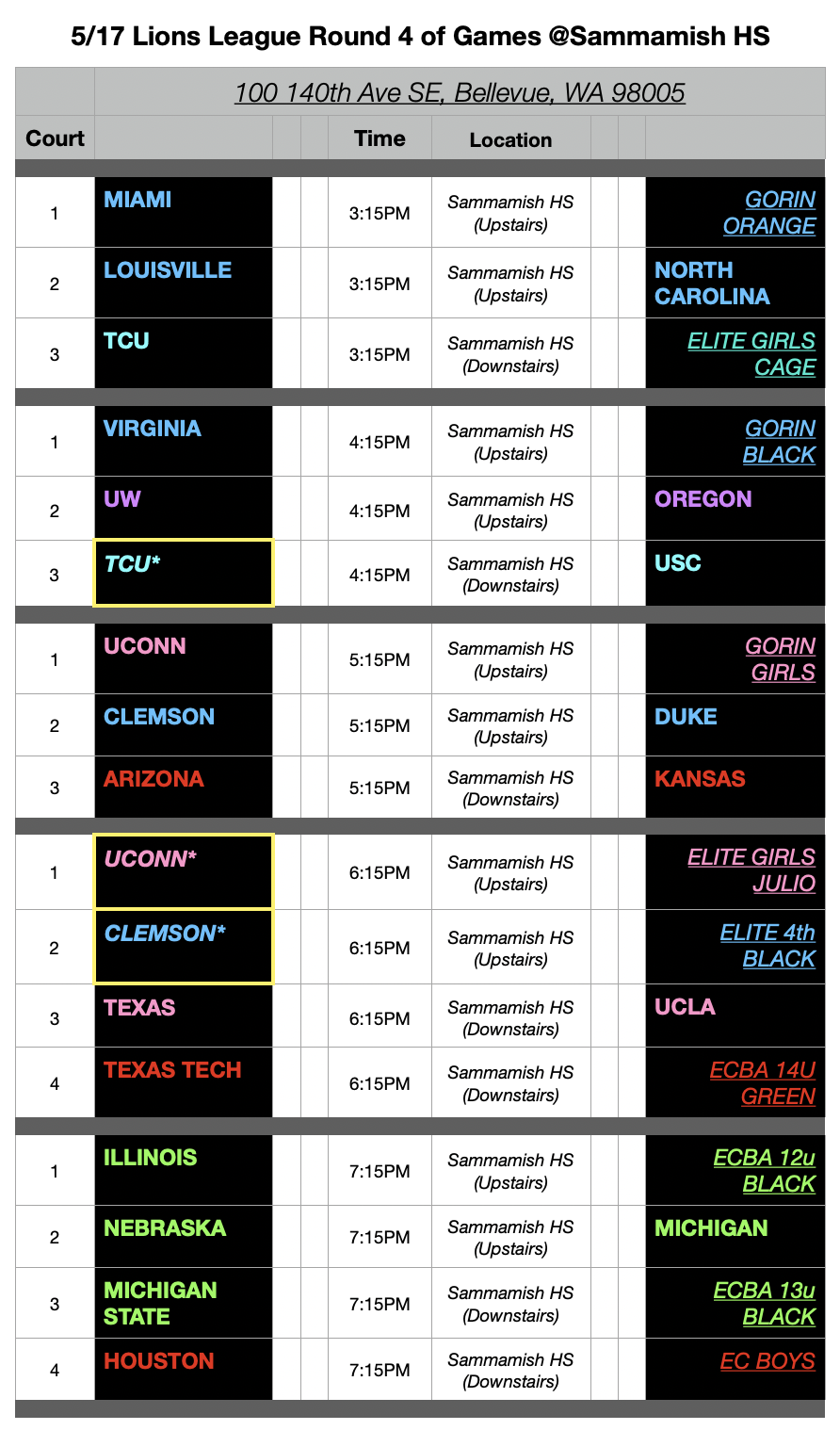 Lions League Game Schedule - Games 5/17
