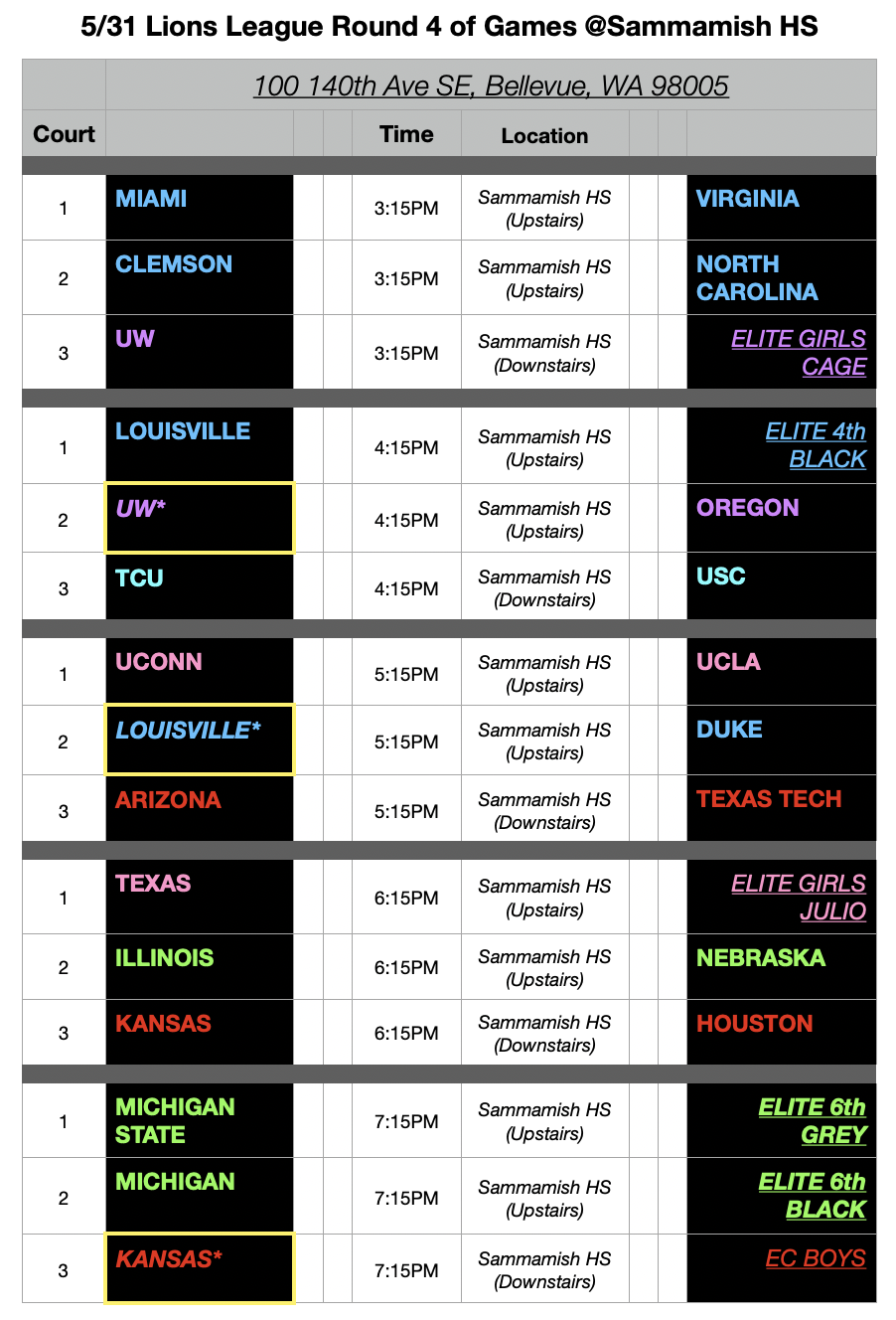 Lions League Game Schedule - Sunday 5/31