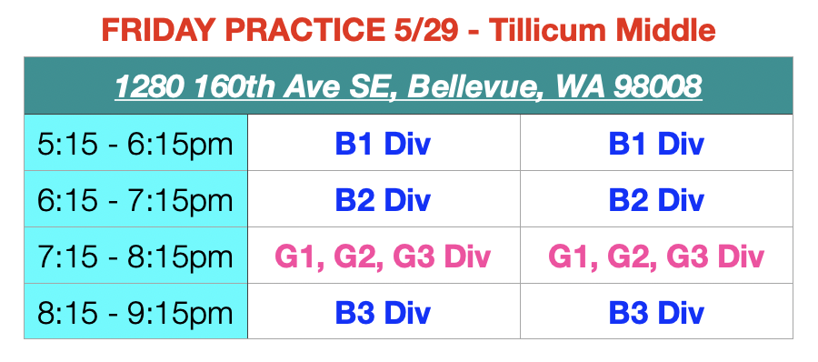Lions League Practice Schedule  - Friday 5/29