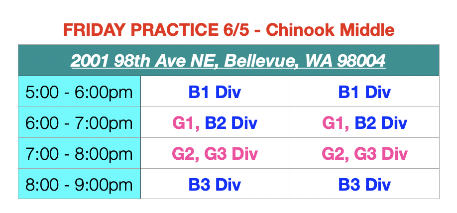Lions League Practice Schedule  - Friday 6/5