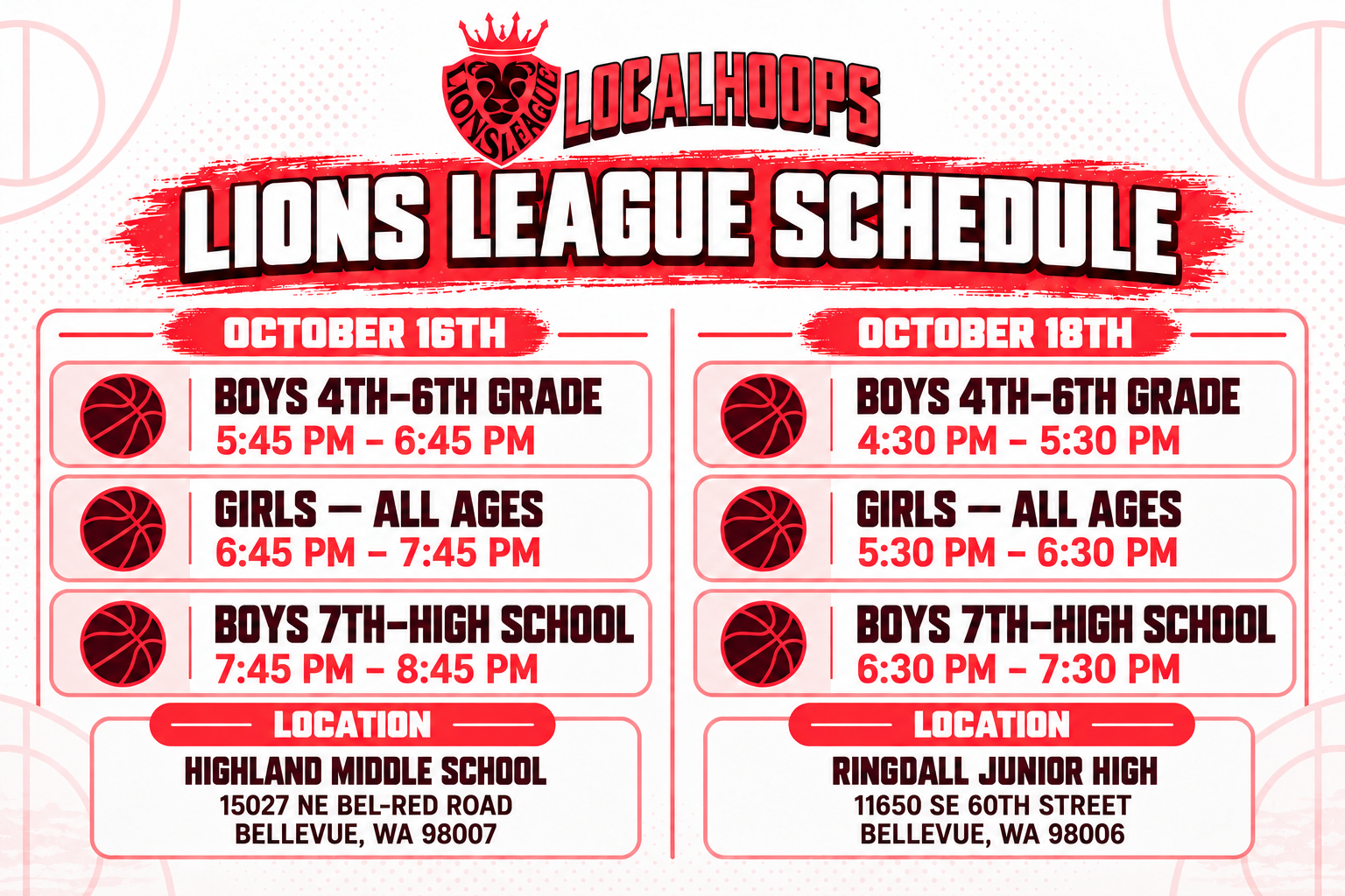 Lions League Schedule 10/16-18th